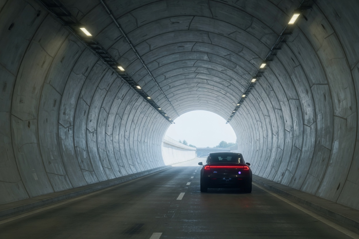 Circular concrete traffic tunnel with ring segments, electric-car lights in the distance.