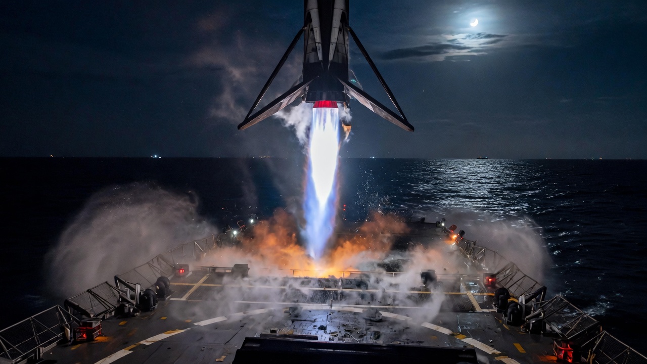 A Falcon 9 first stage landing on an autonomous drone ship in the ocean at night.