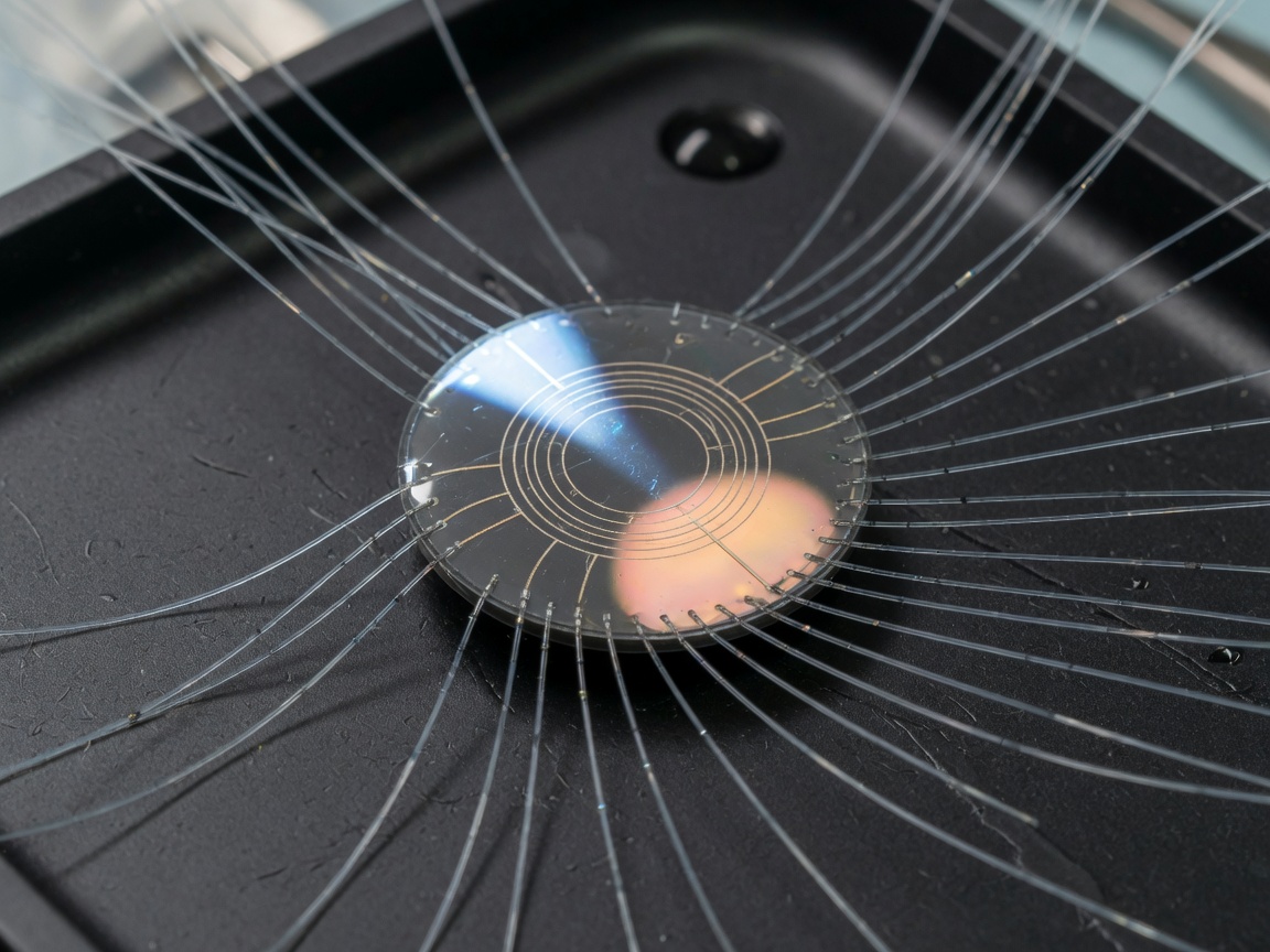 Macro photo of a compact neural implant with thin electrodes on a black tray.