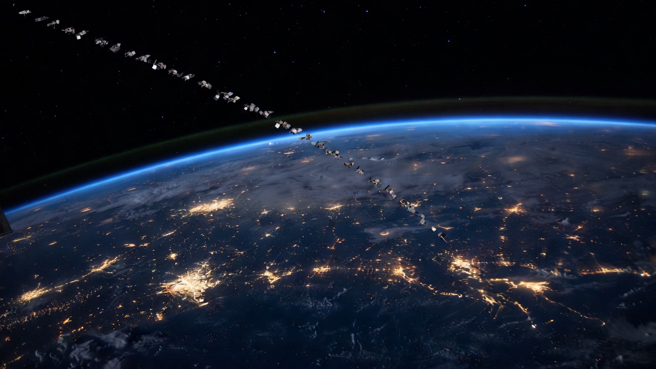 A chain of Starlink satellites over Earth's night side, city lights and a thin atmosphere.