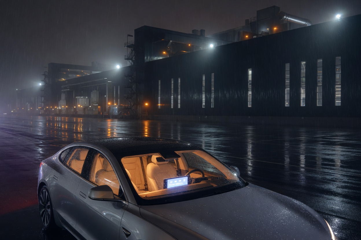 Silver electric car at night beside a dark factory, wet asphalt.